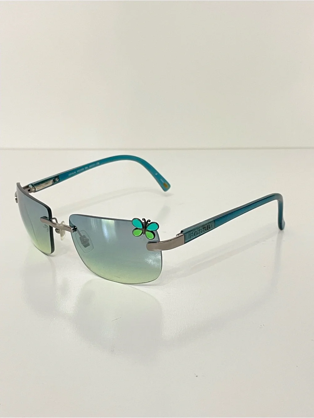 Fossil Vintage Y2K Cecelia Square Rimless Teal Butterfly Sunglasses